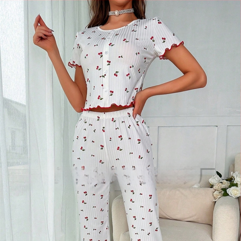 Europske i američke pidžame s prekograničnim shein uzorkom trešnje, drvenim ušima s prednjim gumbima, kratkim rukavima, odijelo za žensku kućnu odjeću