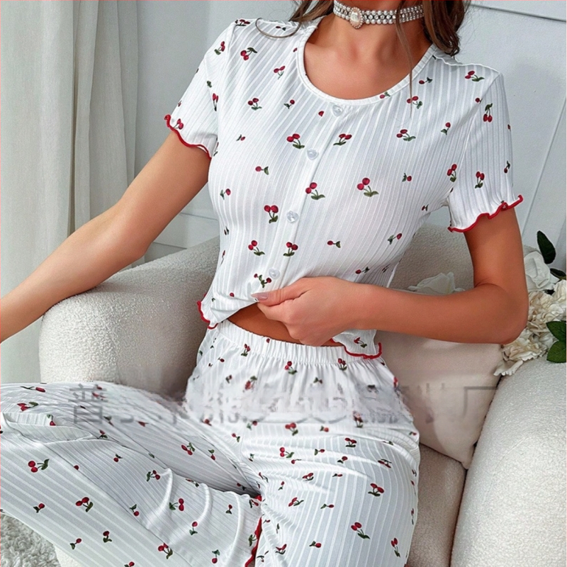 Europske i američke pidžame s prekograničnim shein uzorkom trešnje, drvenim ušima s prednjim gumbima, kratkim rukavima, odijelo za žensku kućnu odjeću