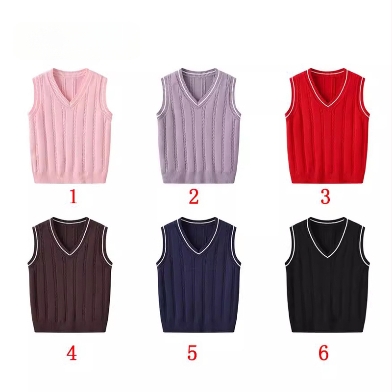 Jesenski i zimski novi pleteni odjevni predmeti s V izrezom za muškarce i žene, djecu srednje i starije dobi, veleprodaja pletenih topova bez rukava u preppy modi s uzorkom konoplje