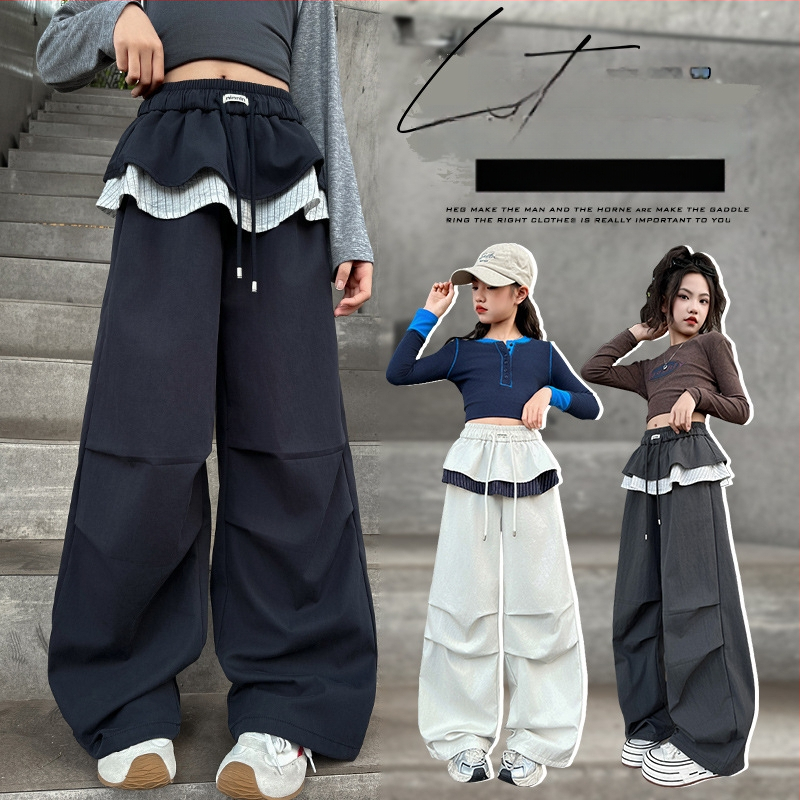 Poiste kevad- ja sügisesed laia säärega cargo-püksid 2025. aasta sügisstiilis ruudulised püksid vanematele lastele ja tüdrukutele, Zhuzhou Zhili laste riided