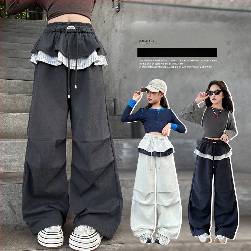 Poiste kevad- ja sügisesed laia säärega cargo-püksid 2025. aasta sügisstiilis ruudulised püksid vanematele lastele ja tüdrukutele, Zhuzhou Zhili laste riided