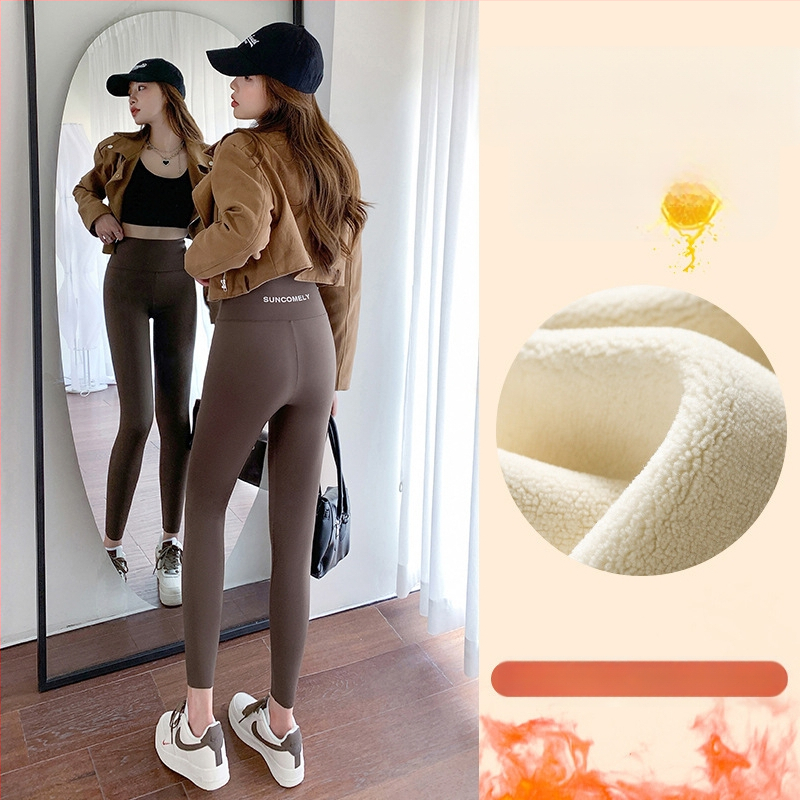 Κολάν από δέρμα καρχαρία από βελούδο αρνιού για γυναίκες, για να φορούν ως πανωφόρι τον χειμώνα, με φλις επένδυση και πυκνωτικό, ελαστικό παντελόνι γιόγκα Barbie με αδυνατιστική εμφάνιση, που δεν φουσκώνει.