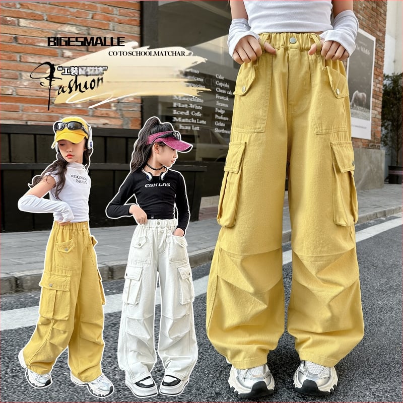 Pantaloni pentru fete, primăvara și toamna 2025, stil nou, mediu-mare, pantaloni eleganți și casual pentru copii, pantaloni cu pernă, la modă, cu picior larg, asortați, pentru fete