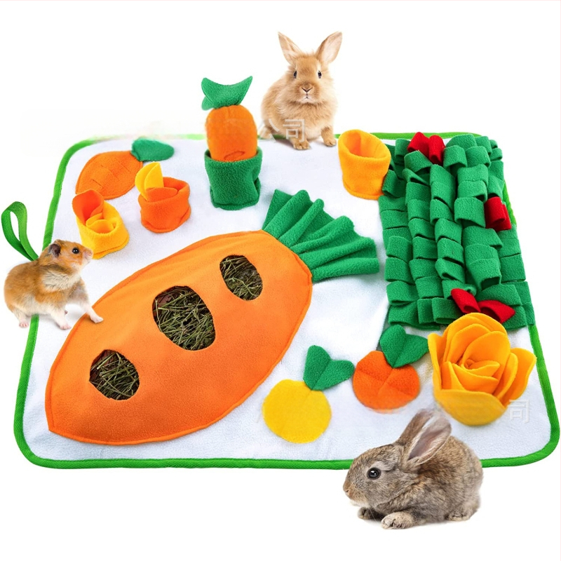 Pārrobežu jauns mazo mājdzīvnieku barošanas paklājiņš, trušu barības meklēšanas paklājiņš ar siena maisu, burkānu rotaļlietu ostīšanas paklājiņš