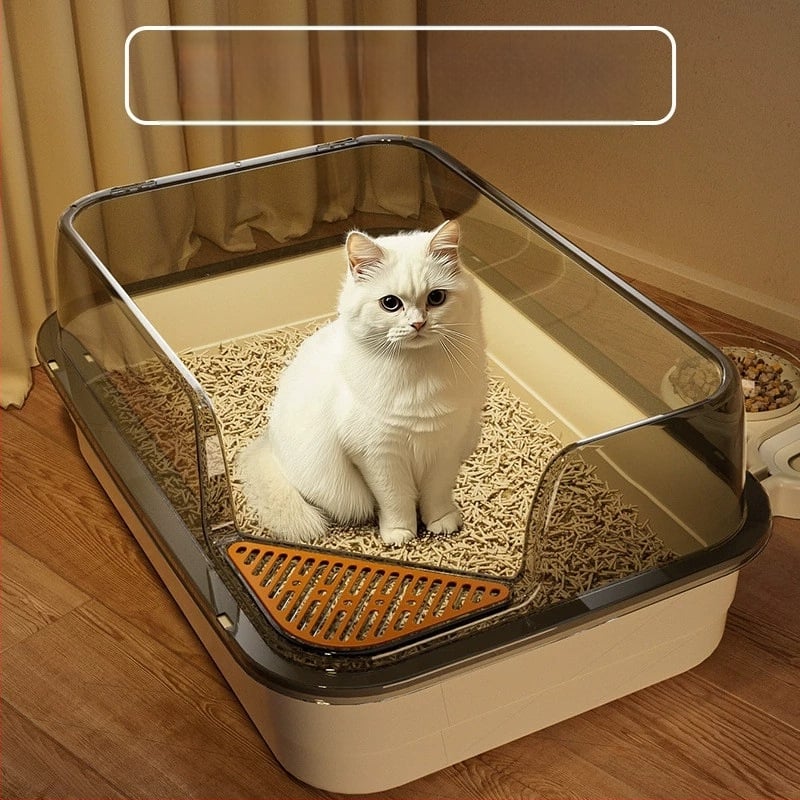 Kaķu tualetes izlietne ar lielu filtru, smilšu pedāli un pretšļakatu ventilāciju, daļēji slēgta kaķu pakaišu izlietne vairumtirdzniecībā.