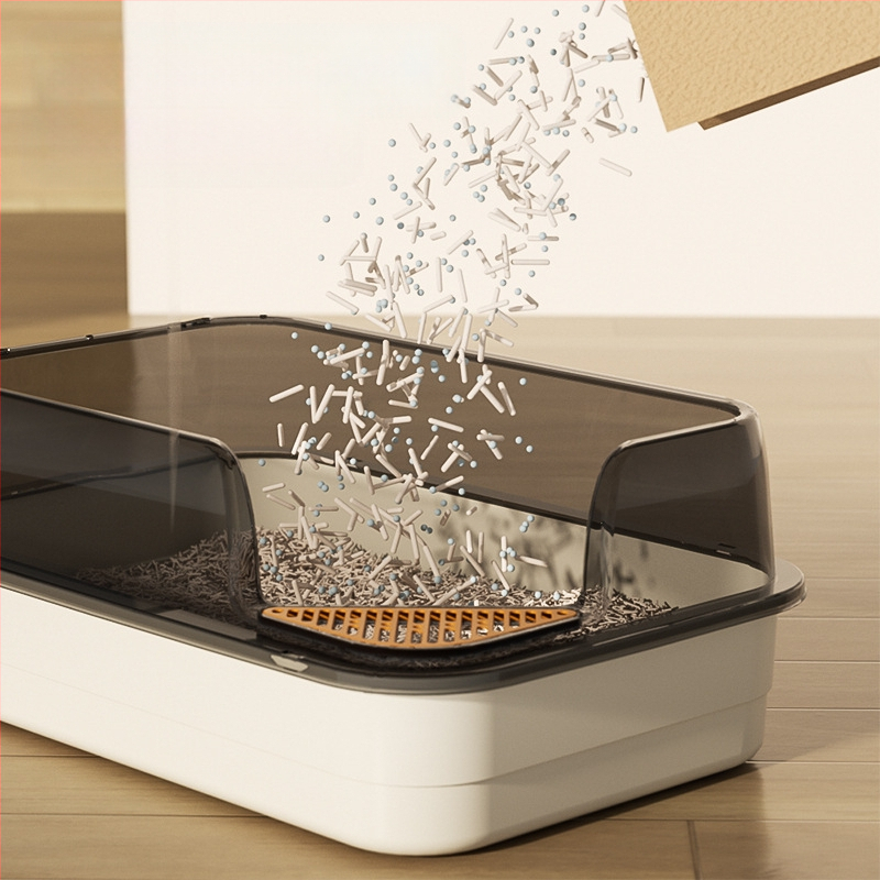 Kaķu tualetes izlietne ar lielu filtru, smilšu pedāli un pretšļakatu ventilāciju, daļēji slēgta kaķu pakaišu izlietne vairumtirdzniecībā.