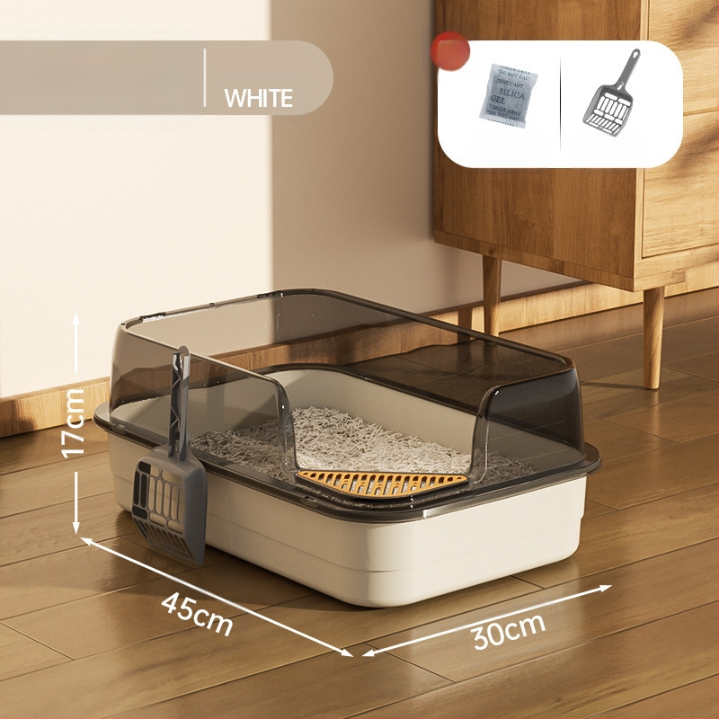 Kaķu tualetes izlietne ar lielu filtru, smilšu pedāli un pretšļakatu ventilāciju, daļēji slēgta kaķu pakaišu izlietne vairumtirdzniecībā.