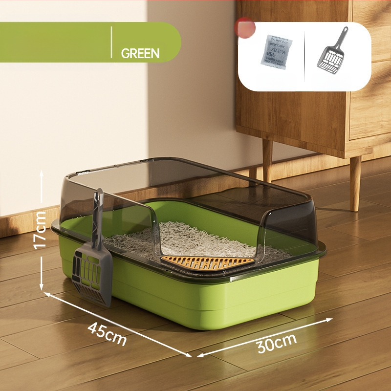 Kaķu tualetes izlietne ar lielu filtru, smilšu pedāli un pretšļakatu ventilāciju, daļēji slēgta kaķu pakaišu izlietne vairumtirdzniecībā.