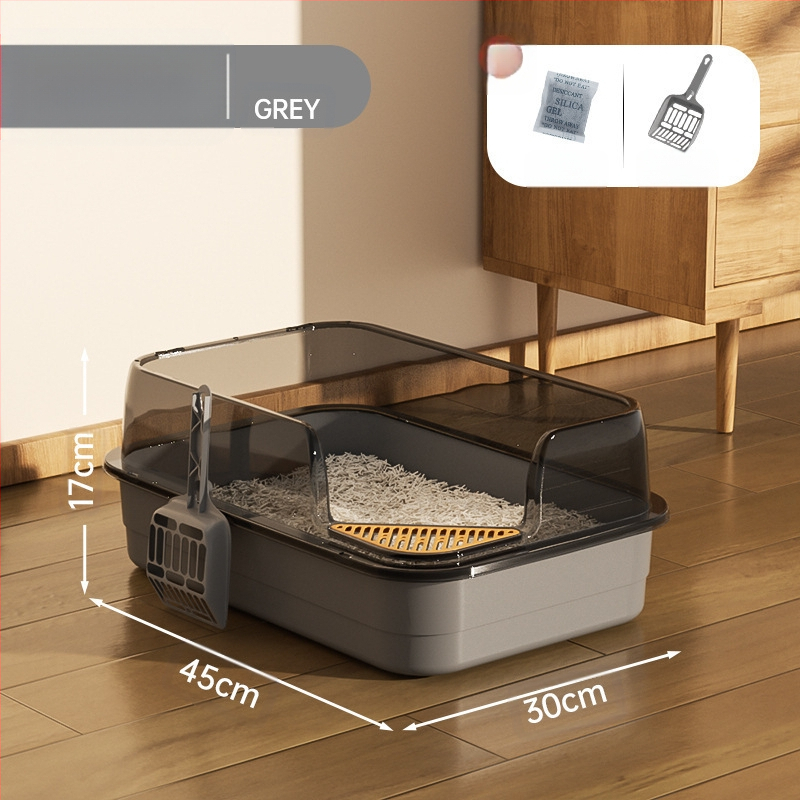 Kaķu tualetes izlietne ar lielu filtru, smilšu pedāli un pretšļakatu ventilāciju, daļēji slēgta kaķu pakaišu izlietne vairumtirdzniecībā.