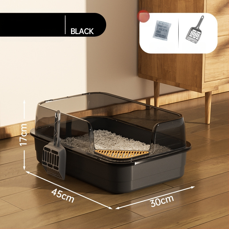 Kaķu tualetes izlietne ar lielu filtru, smilšu pedāli un pretšļakatu ventilāciju, daļēji slēgta kaķu pakaišu izlietne vairumtirdzniecībā.