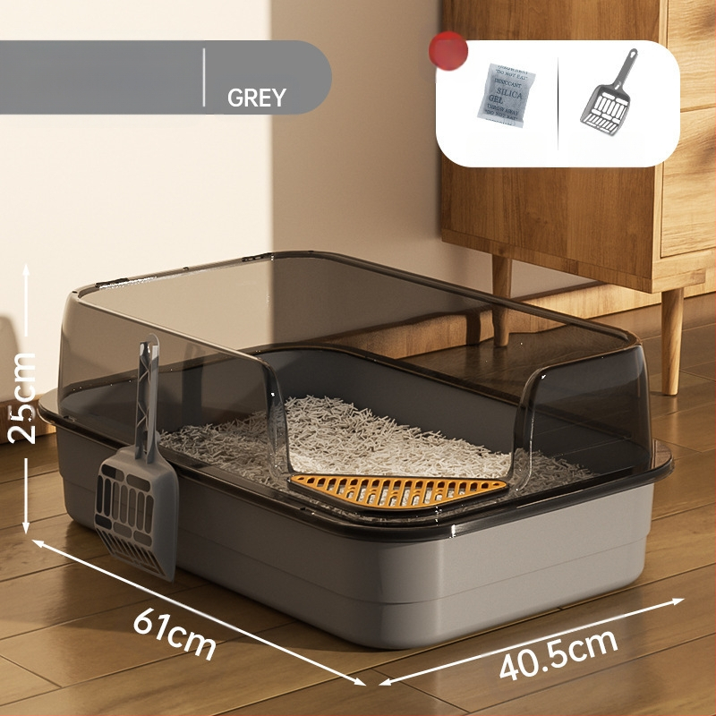 Kaķu tualetes izlietne ar lielu filtru, smilšu pedāli un pretšļakatu ventilāciju, daļēji slēgta kaķu pakaišu izlietne vairumtirdzniecībā.