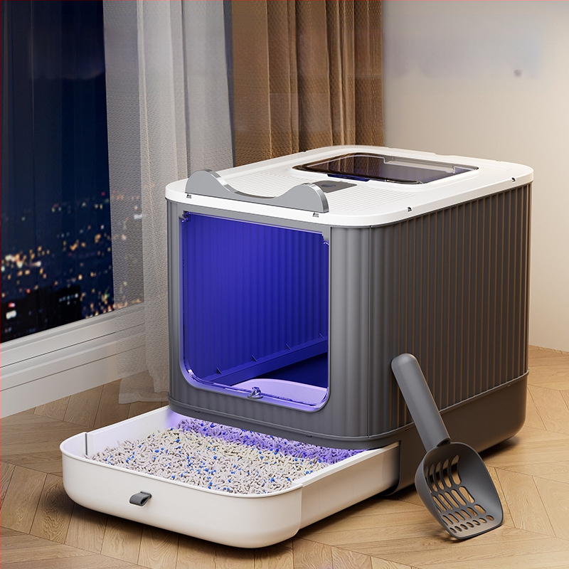 Liela kaķu pakaišu kaste ar sterilizācijas un pretšļakatu funkcijām, piemērota kaķēniem, pret smakām izturīgi kaķu piederumi, īpaši liela kaķu tualete
