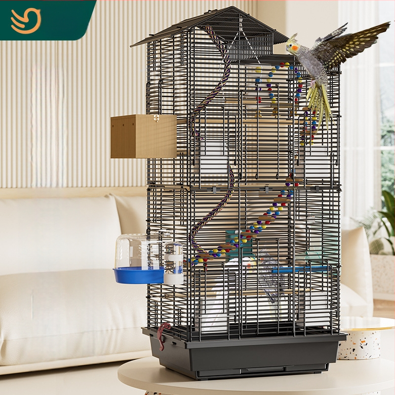 Papūgos paukščių narvelis, didelis vielinis namų dekoratyvus Xuanfeng bijūnų dviaukštis vilos formos narvelis, ypač didelis horizontalus vielinis metalinis narvelis