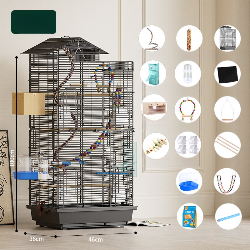 Papūgos paukščių narvelis, didelis vielinis namų dekoratyvus Xuanfeng bijūnų dviaukštis vilos formos narvelis, ypač didelis horizontalus vielinis metalinis narvelis