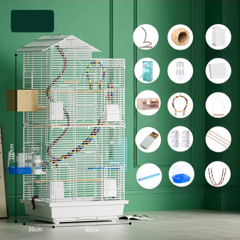 Papūgos paukščių narvelis, didelis vielinis namų dekoratyvus Xuanfeng bijūnų dviaukštis vilos formos narvelis, ypač didelis horizontalus vielinis metalinis narvelis