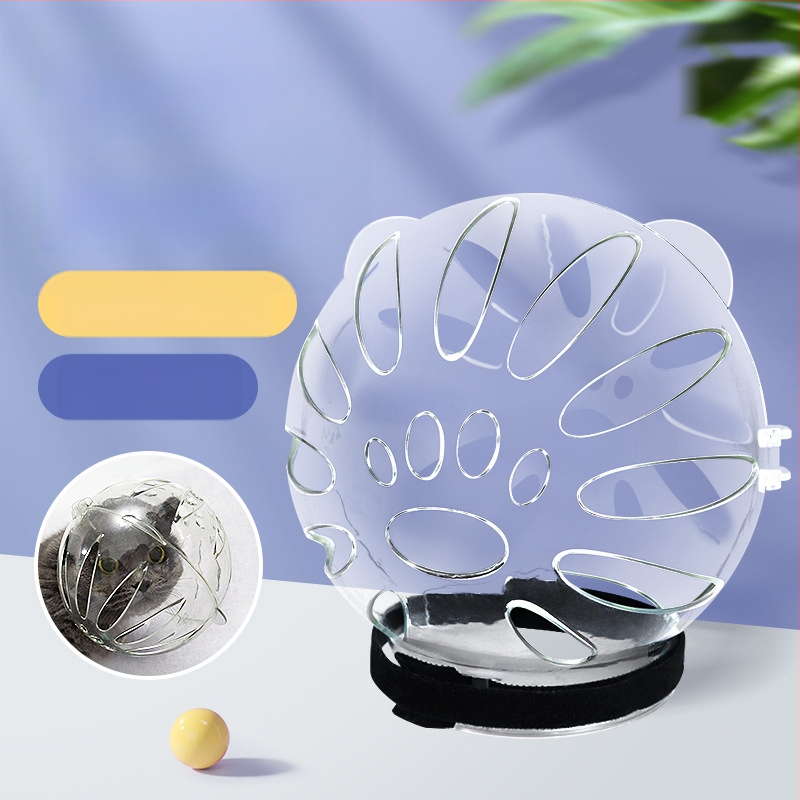 Katės galvos apdangalas su gaubtu, apsaugančiu nuo laižymo, apsaugančiu nuo įkandimo, permatomas, sferinis, kvėpuojantis. Elžbietos žiedo formos katės galvos apdangalas.