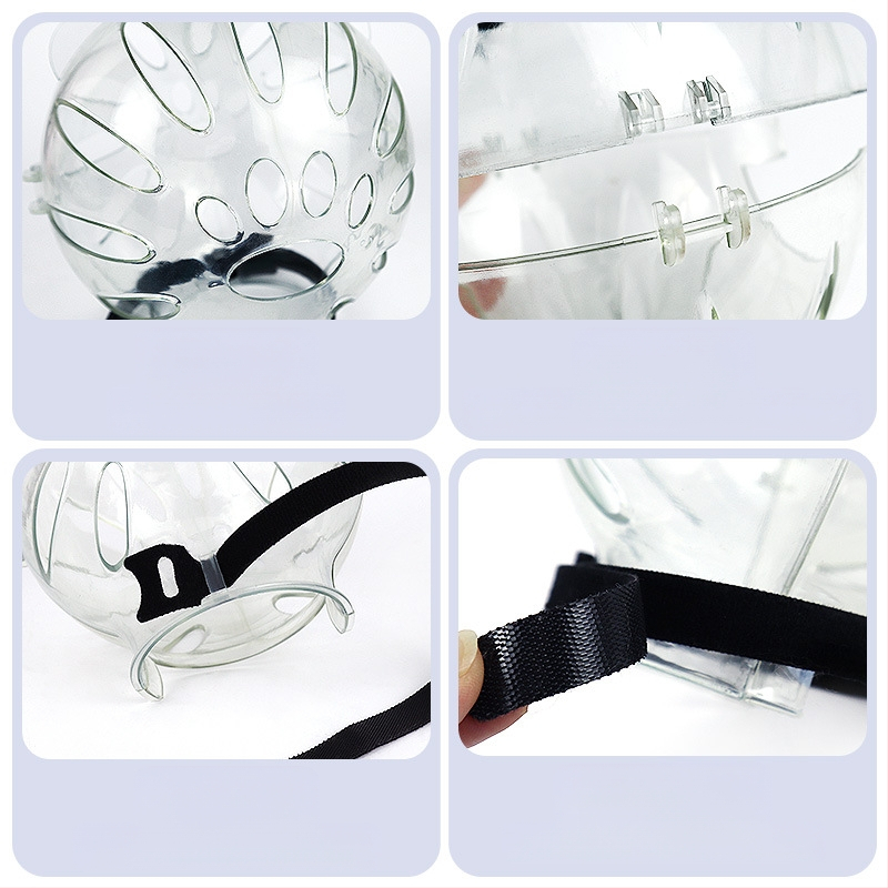 Katės galvos apdangalas su gaubtu, apsaugančiu nuo laižymo, apsaugančiu nuo įkandimo, permatomas, sferinis, kvėpuojantis. Elžbietos žiedo formos katės galvos apdangalas.