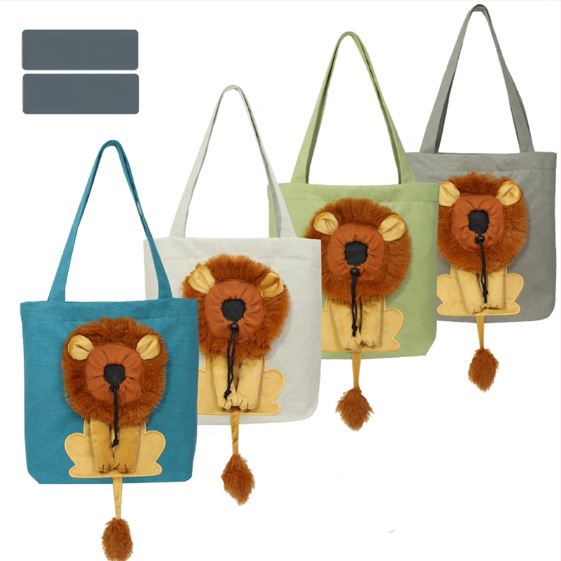 Väike lemmikloomade lõuendist väljasõidukott kassidele ja koertele, lemmikloomakott, mis paljastab väikese lõvikujulise õlakotti laos