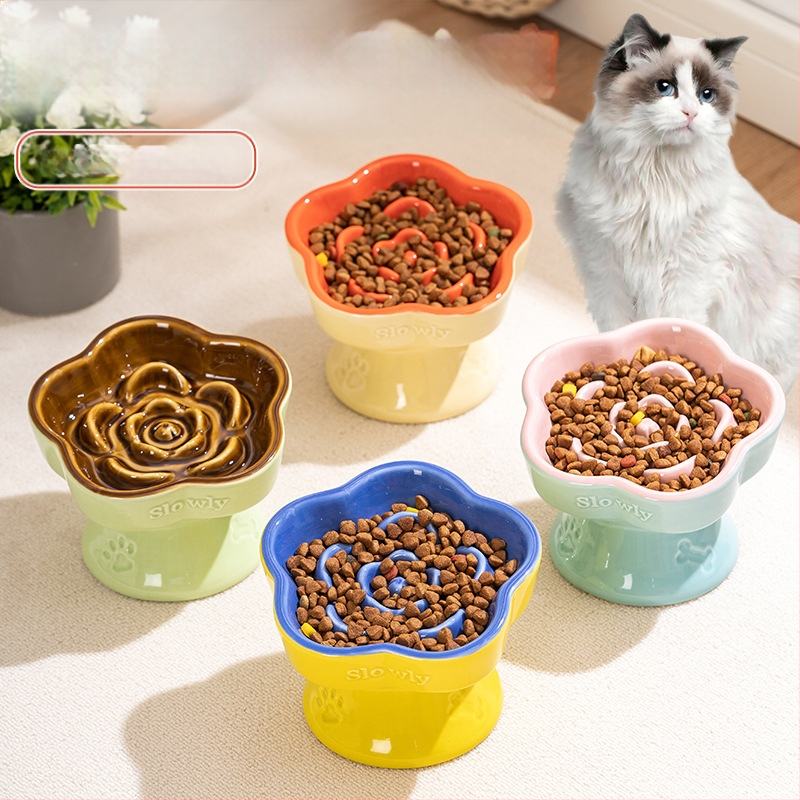 Lemmikloomade aeglase toidu kauss, kõrge jalaga keraamiline kassikauss, koerakauss, väikese koera ja kassi jaoks, lämbumisvastane aeglase toidu kauss, löögikindel kaelakaitse, kaldus kauss