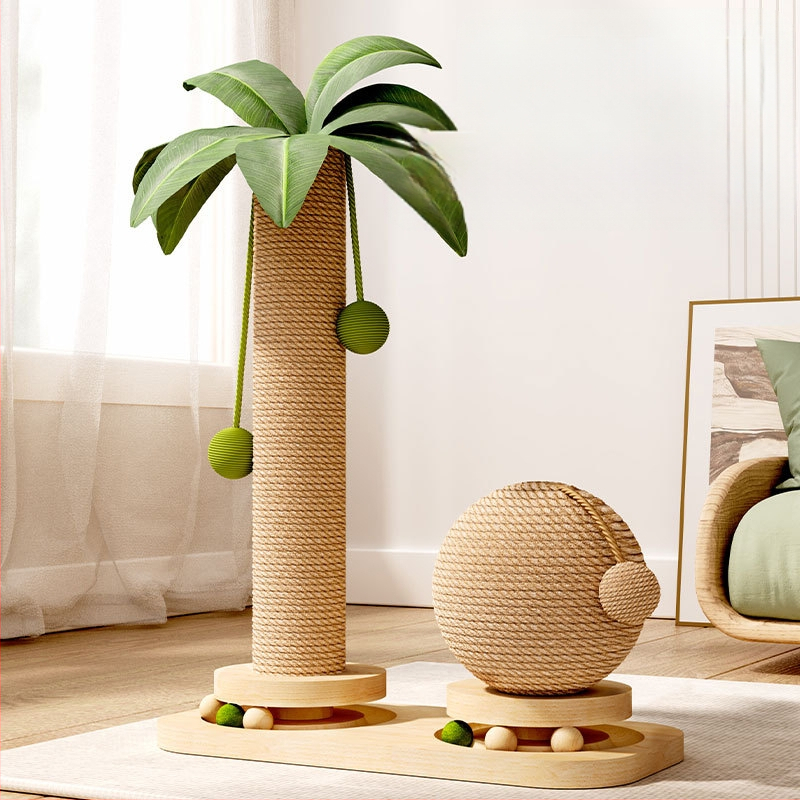 Kokoso medžio masyvo katėms skirtas besisukantis stacionarus draskyklės stovas, skirtas katėms su pagaliuku, skirtas draskyti, patvarus žaislas katėms, sizalio spalvos, laipiojimo stovas katėms, kryžminis kraštas