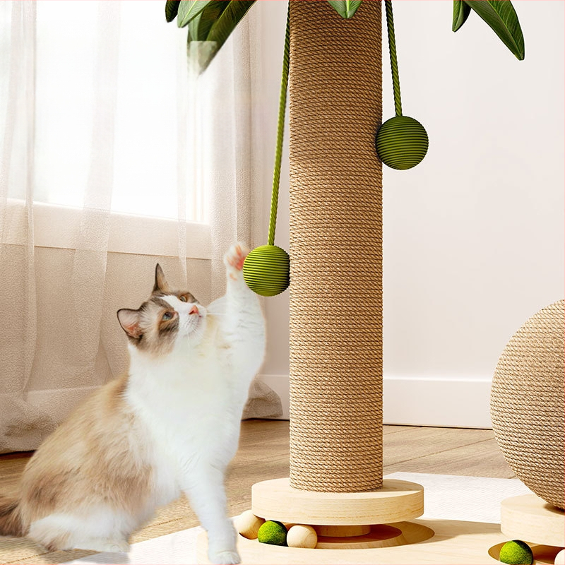 Kokoso medžio masyvo katėms skirtas besisukantis stacionarus draskyklės stovas, skirtas katėms su pagaliuku, skirtas draskyti, patvarus žaislas katėms, sizalio spalvos, laipiojimo stovas katėms, kryžminis kraštas