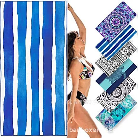 Karštas tarpvalstybinis mikropluošto rankšluostis, lengvas, be smėlio, su dryžuota serija, atspausdintas dvipusis aksominis paplūdimio rankšluostis, sugeriantis, greitai džiūstantis.