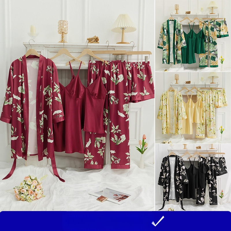 Set de pijamale din mătase satinată, format din cinci piese, pijamale europene și americane transfrontaliere cu imprimeu floral, haine elegante de casă pentru femei de toamnă