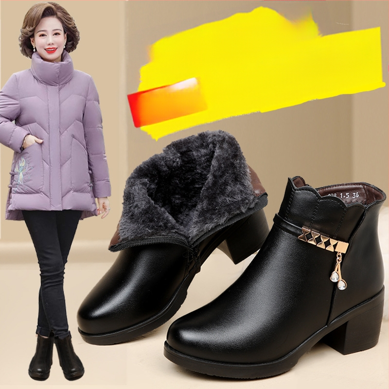 Majčine cipele s debelom petom, pamučne cipele, zimske cipele s flis podstavom za srednju i stariju osobu, zimske cipele za žene srednje dobi, tople kratke čizme, jesenske i zimske neklizajuće kožne cipele