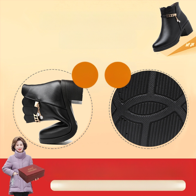 Majčine cipele s debelom petom, pamučne cipele, zimske cipele s flis podstavom za srednju i stariju osobu, zimske cipele za žene srednje dobi, tople kratke čizme, jesenske i zimske neklizajuće kožne cipele
