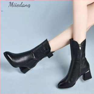 Ghete de damă în stil britanic 2023 toamna și iarna cu vârful ascuțit până la jumătatea gambei, fermoar lateral, toc gros, cizme Martin pentru femei cu fundă, en-gros