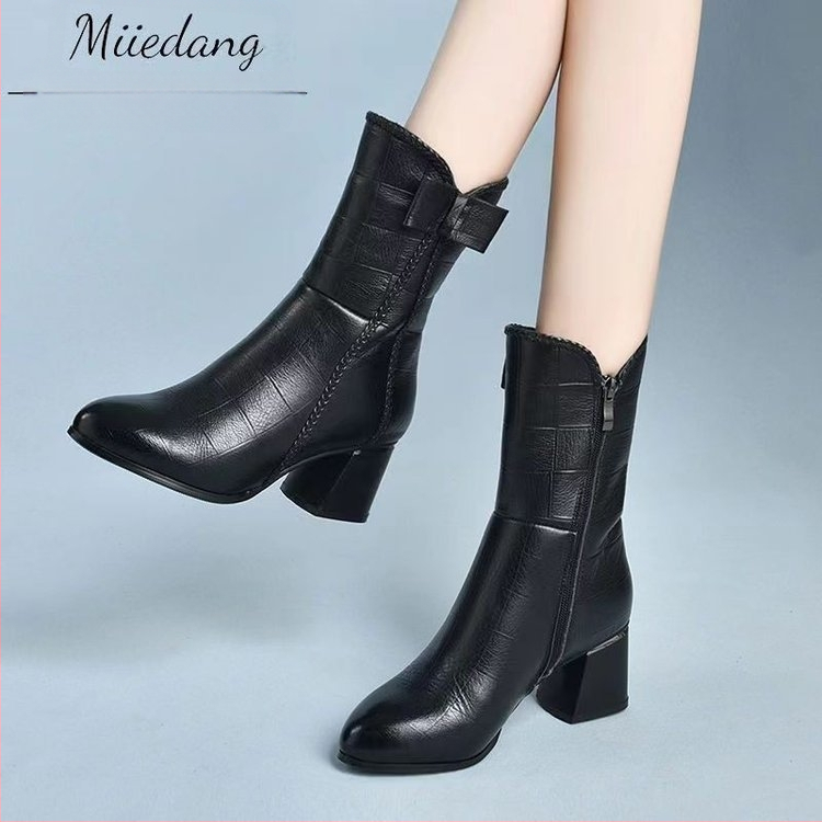 Ghete de damă în stil britanic 2023 toamna și iarna cu vârful ascuțit până la jumătatea gambei, fermoar lateral, toc gros, cizme Martin pentru femei cu fundă, en-gros