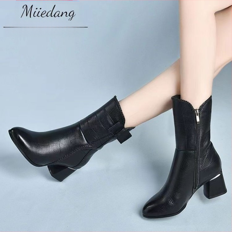 Ghete de damă în stil britanic 2023 toamna și iarna cu vârful ascuțit până la jumătatea gambei, fermoar lateral, toc gros, cizme Martin pentru femei cu fundă, en-gros