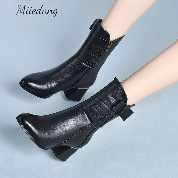 Ghete de damă în stil britanic 2023 toamna și iarna cu vârful ascuțit până la jumătatea gambei, fermoar lateral, toc gros, cizme Martin pentru femei cu fundă, en-gros