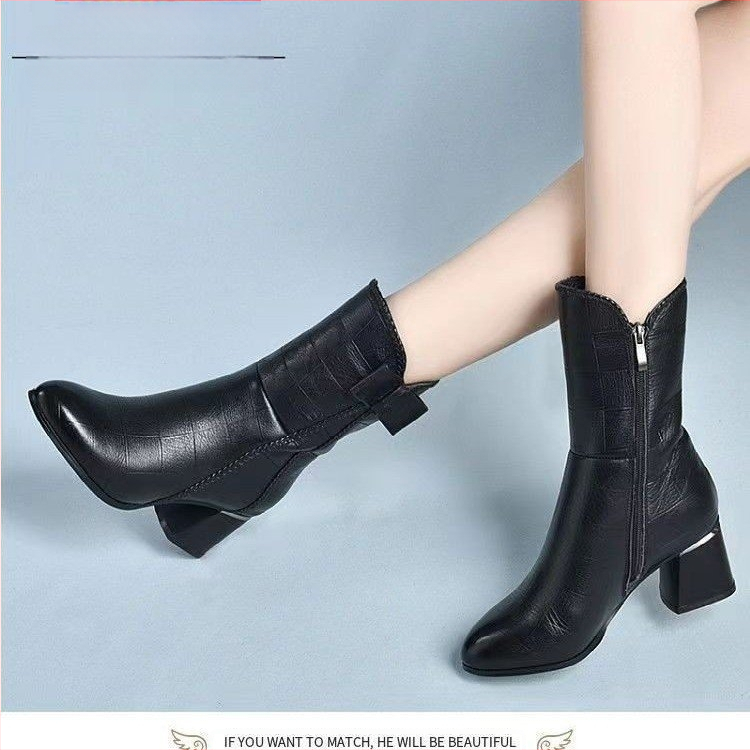 Ghete de damă în stil britanic 2023 toamna și iarna cu vârful ascuțit până la jumătatea gambei, fermoar lateral, toc gros, cizme Martin pentru femei cu fundă, en-gros