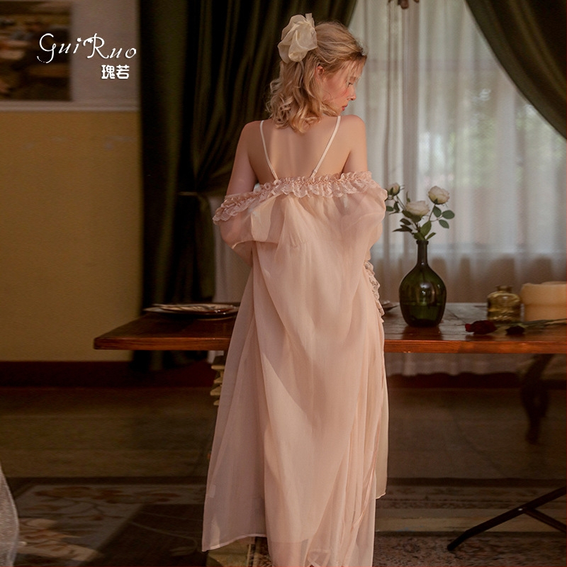 Ruiruo Пролетно-лятна нова стилна дълга нощница, сладка и красива рокля за сън с презрамки, мрежеста отворена риза, дамски комплект домашно облекло P2802