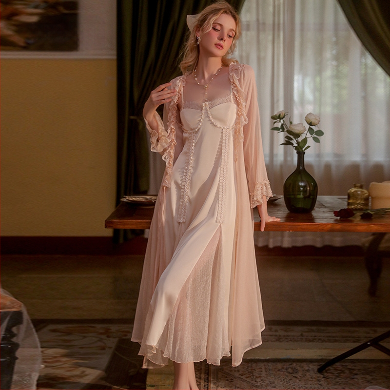 Ruiruo Пролетно-лятна нова стилна дълга нощница, сладка и красива рокля за сън с презрамки, мрежеста отворена риза, дамски комплект домашно облекло P2802