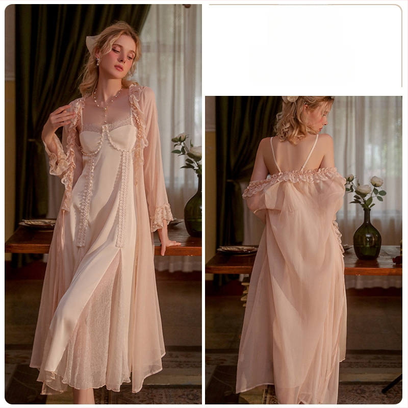 Ruiruo Пролетно-лятна нова стилна дълга нощница, сладка и красива рокля за сън с презрамки, мрежеста отворена риза, дамски комплект домашно облекло P2802