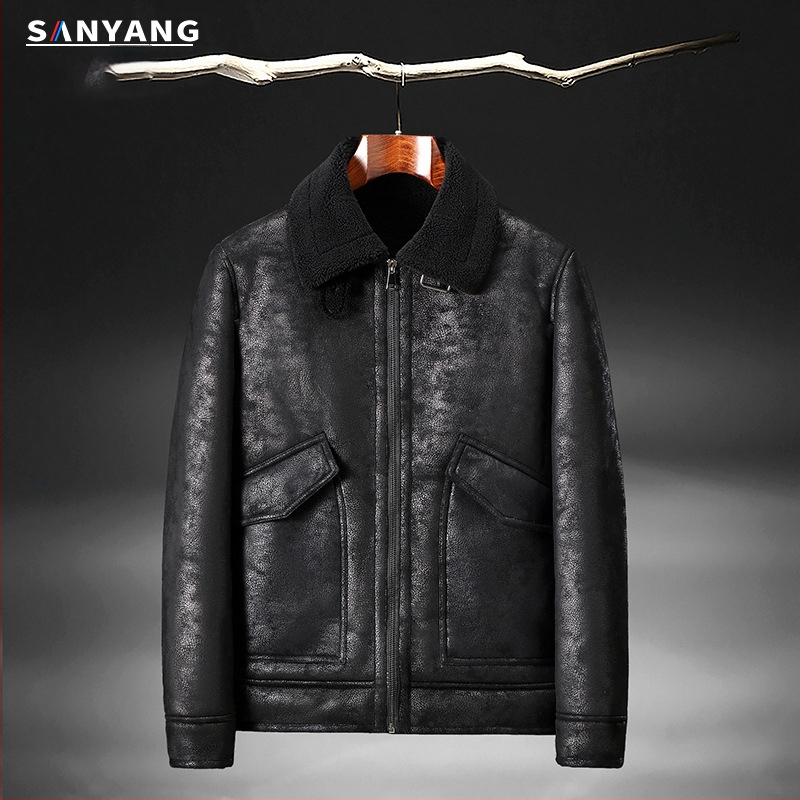 Žieminė zomšos kailio ir vilnos pamušalo odinė striukė, vyriška odinė striukė, ėriuko kailio, motociklo, didmeninė prekyba