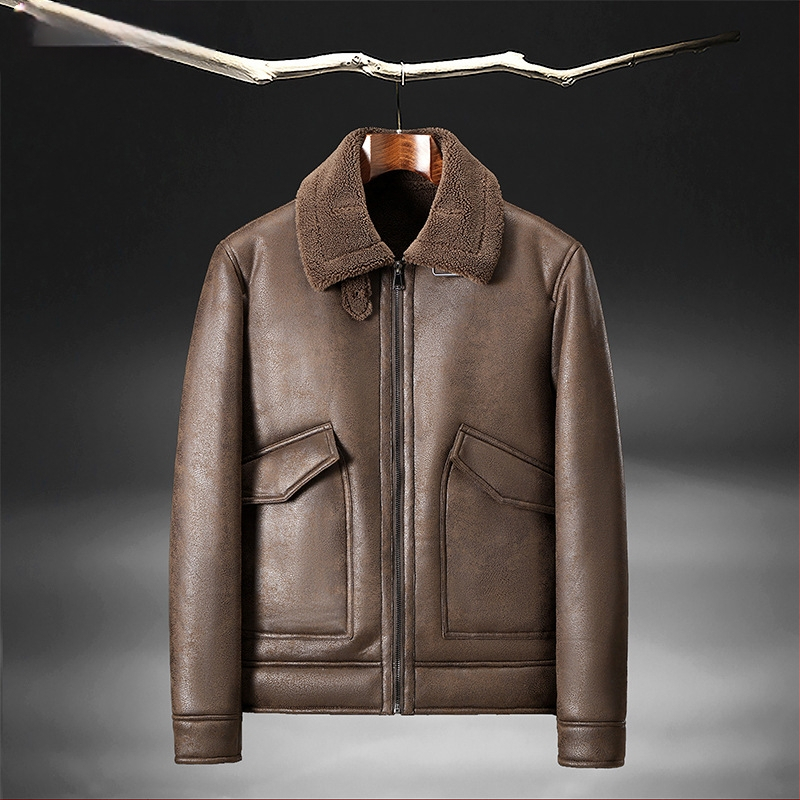 Žieminė zomšos kailio ir vilnos pamušalo odinė striukė, vyriška odinė striukė, ėriuko kailio, motociklo, didmeninė prekyba