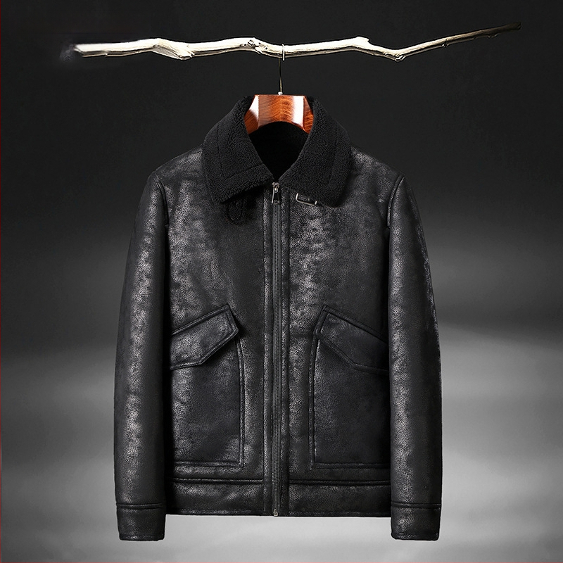 Žieminė zomšos kailio ir vilnos pamušalo odinė striukė, vyriška odinė striukė, ėriuko kailio, motociklo, didmeninė prekyba