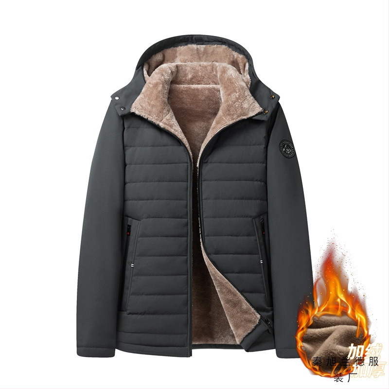 2023. gada ziemas plānas kokvilnas pildītas drēbes vīriešu ar flīsa oderi sabiezēts mašīntīklēts kokvilnas silts apģērbs jēra samta kokvilnas pildīta jaka mētelis kapuce ar flīsa oderi