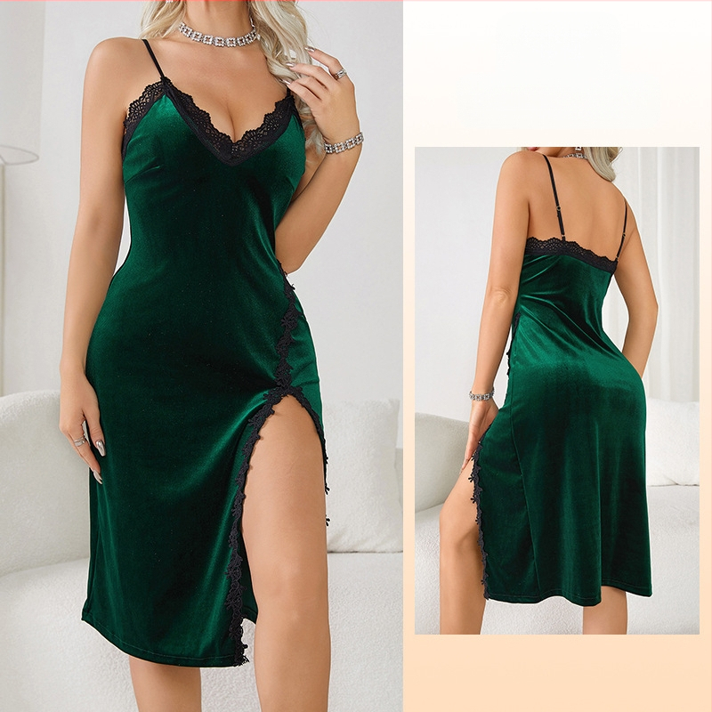 Eiropas un Amerikas pārrobežu ārējās tirdzniecības seksīga dziļa V veida pidžama sieviešu garās siksnas naktskrekls samta mežģīņu kārdinājums bez muguras mājas 341