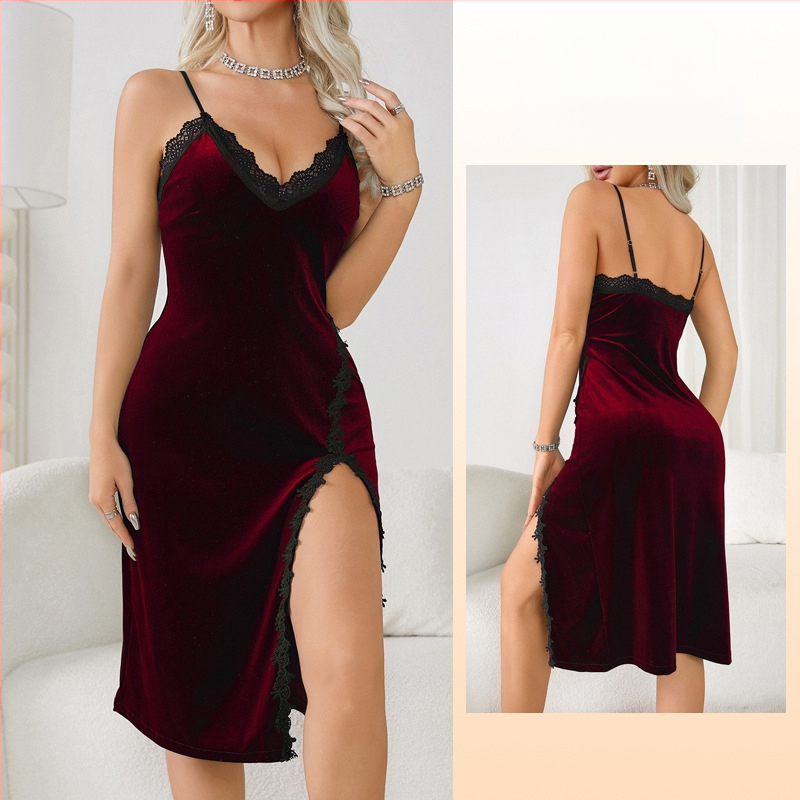 Eiropas un Amerikas pārrobežu ārējās tirdzniecības seksīga dziļa V veida pidžama sieviešu garās siksnas naktskrekls samta mežģīņu kārdinājums bez muguras mājas 341