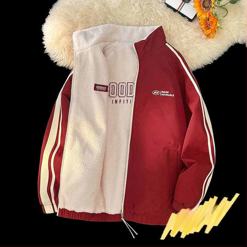 NASA madingas dvipusis ėriuko odos švarkas vyrams ir moterims rudens ir žiemos vilnos pamušalu, sustorinta šilta laisvalaikio apykakle, didmeninė prekyba