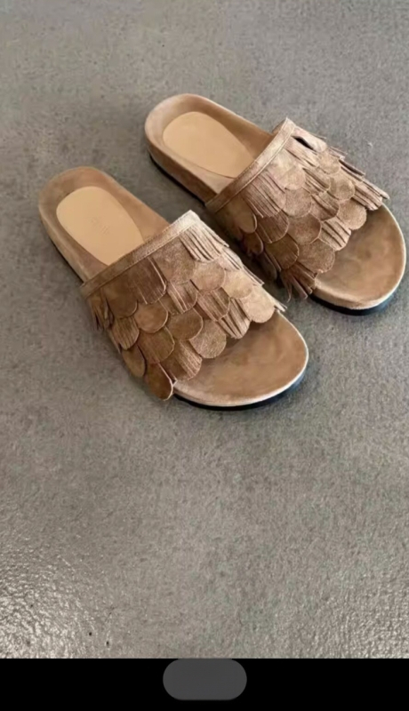 Versiune din piele moale ~ Pantofi de plajă în stil retro, cu ciucuri, cu vârf rotund și vârf deschis, papuci de plajă