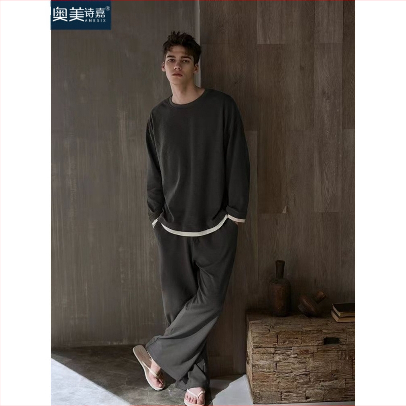 2025 m. naujas pavasario ir rudens vaflinis ilgomis rankovėmis kostiumas vyriška pižama vyriški viršutiniai drabužiai namams šilti