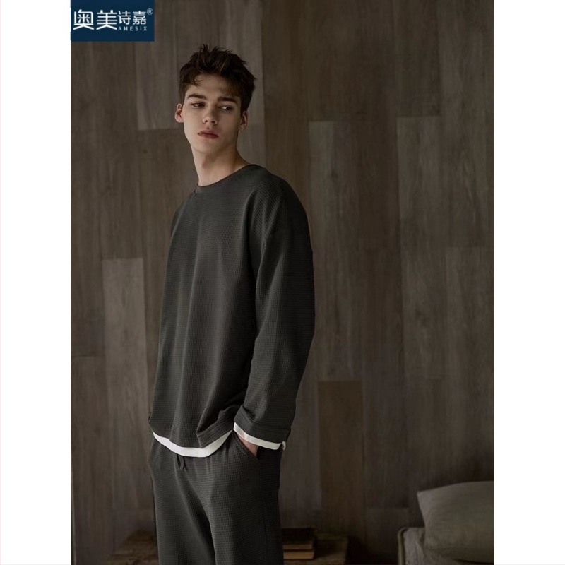 2025 m. naujas pavasario ir rudens vaflinis ilgomis rankovėmis kostiumas vyriška pižama vyriški viršutiniai drabužiai namams šilti