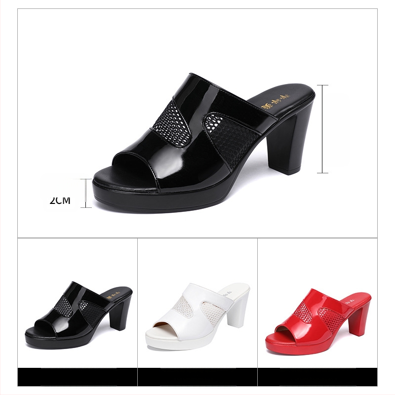 Ženske mrežaste papuče sa srednjom petom, ljeto 2025., nove vodootporne sandale s platformom, u obliku ribljeg usta, lakirane kože, velike veličine 43, papuče za vanjsku upotrebu za žene