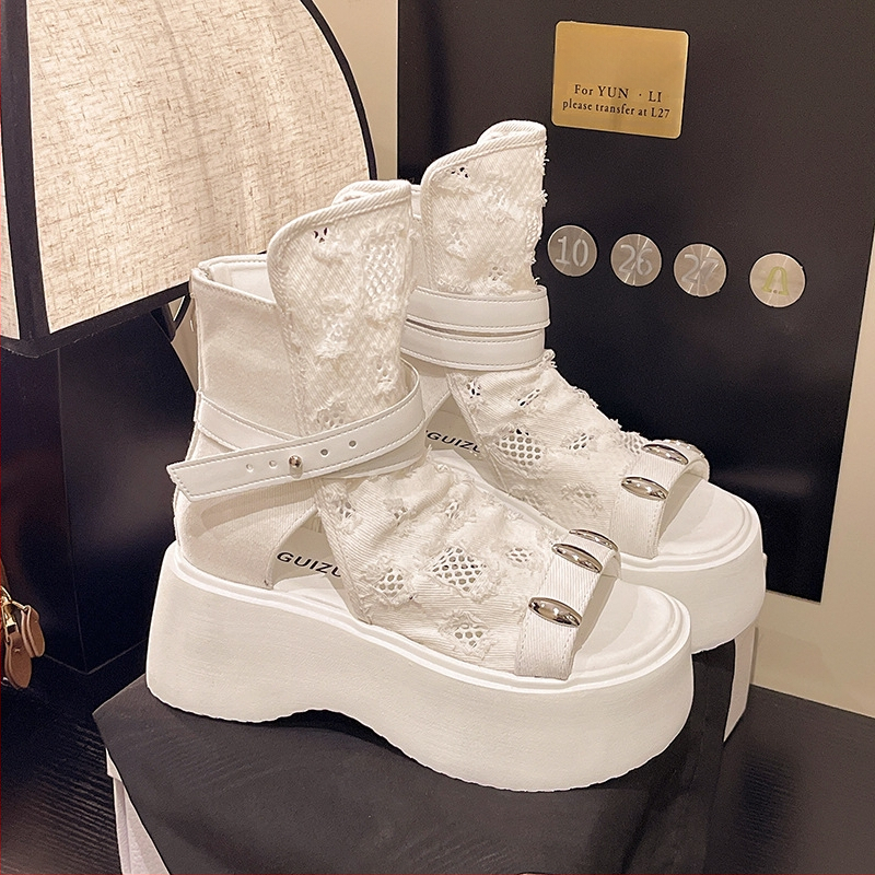 Sandale za žene 2025. Nove visoke sandale s debelim potplatom, kopčom za remen, otvorenim prstima, vilinski stil sa suknjom, kratke traper čizme