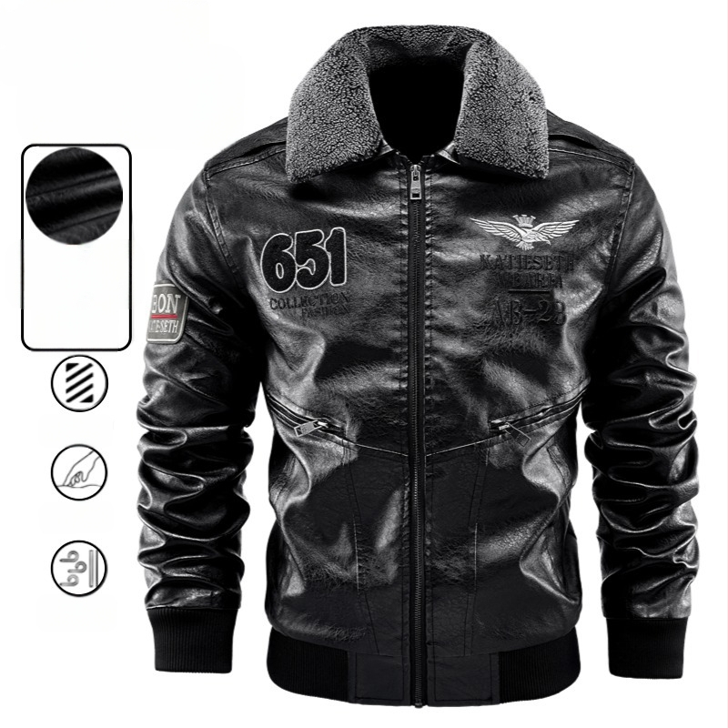 Rudens ir žiemos atvartu su vilnos pamušalu šilta PU odinė vyriška motociklo striukė su vėjui nelaidiu, sustorintu, plonu kirpimu, nuimama kailine apykakle